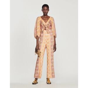 NWT‎ Sandro Knotted Floral Print Jumpsuit Beige Linen Blend FR 40 / US 8 Summer